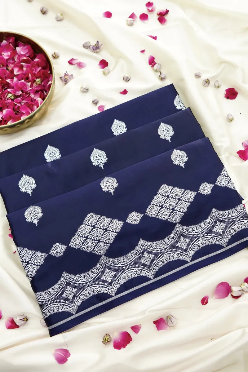 Royal Navy Blue Silk Banarasi Saree with Silver Zari  (RLSS-119)