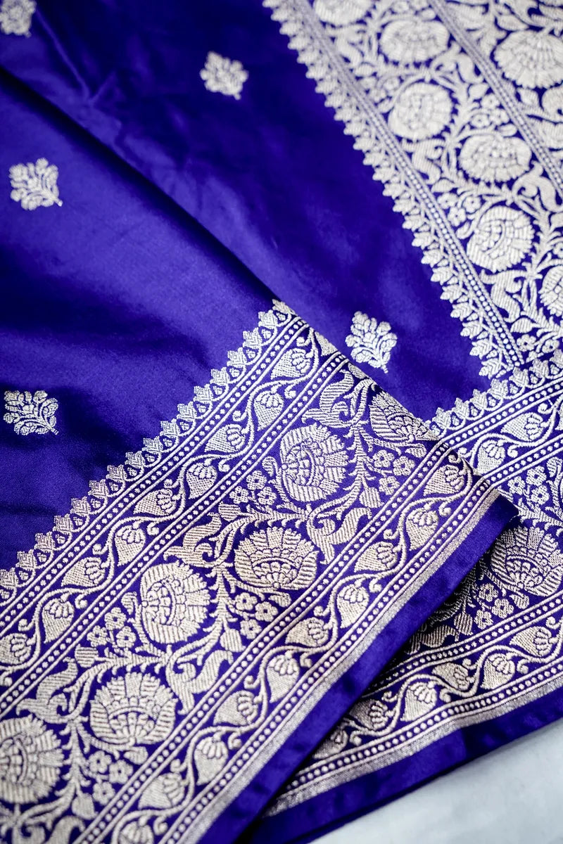 Deep Purple Banarasi Silk Saree with Silver Bootas and Heavy Border (RLSS-118)