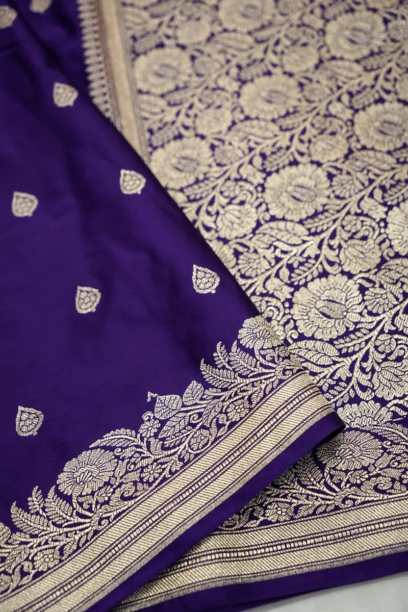 Deep Violet Banarasi Silk Saree with Golden Zari Leaf Butis (RLSS-114)