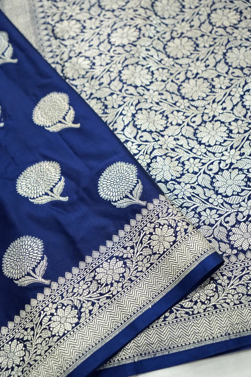 Royal Blue Silk Banarasi Saree with Silver Zari Buta (RLSS-106)