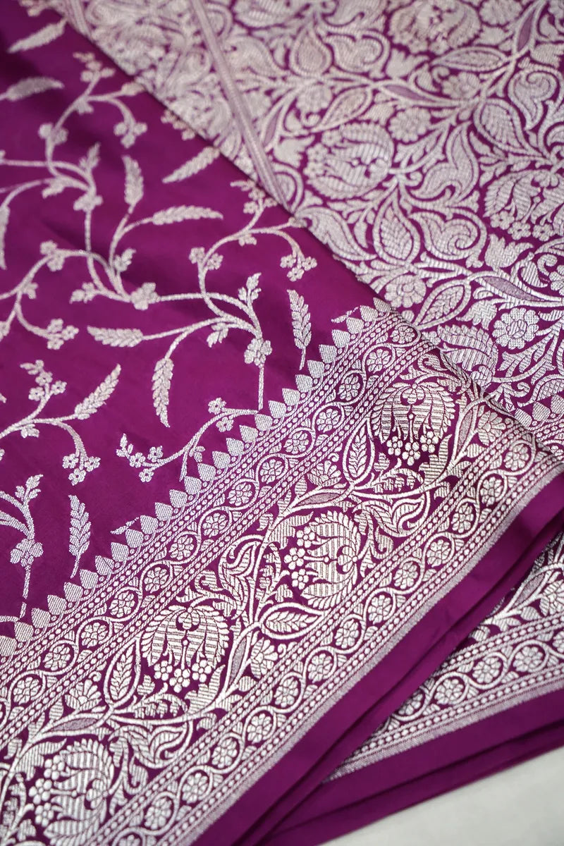Vibrant Magenta Banarasi Silk Saree with All-Over Silver Jaal (RLSS-107)
