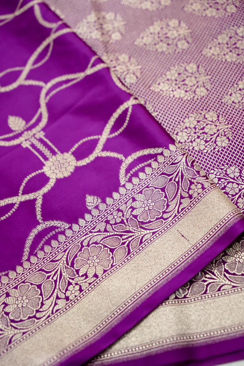 Deep Wine Purple Banarasi Silk Saree Geometric Jaal (RLSS-117)