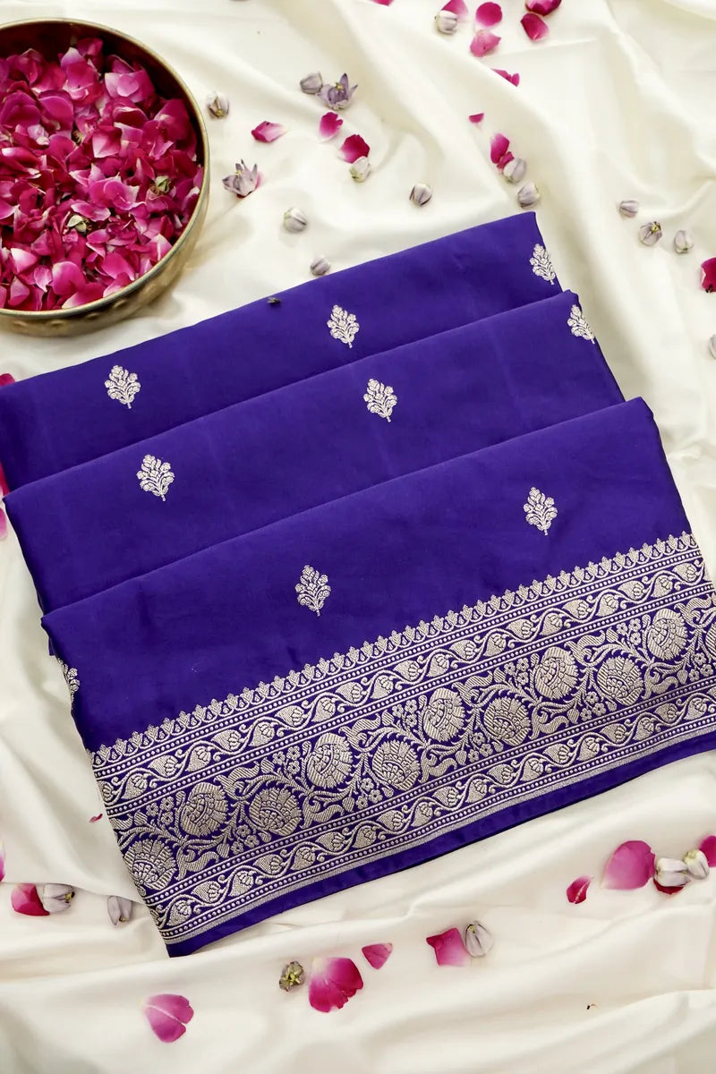 Deep Purple Banarasi Silk Saree with Silver Bootas and Heavy Border (RLSS-118)