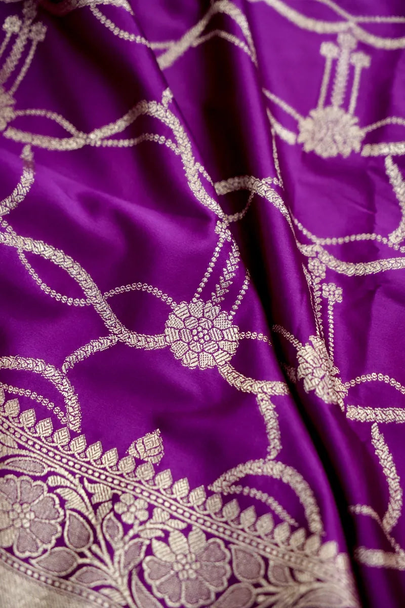 Deep Wine Purple Banarasi Silk Saree Geometric Jaal (RLSS-117)