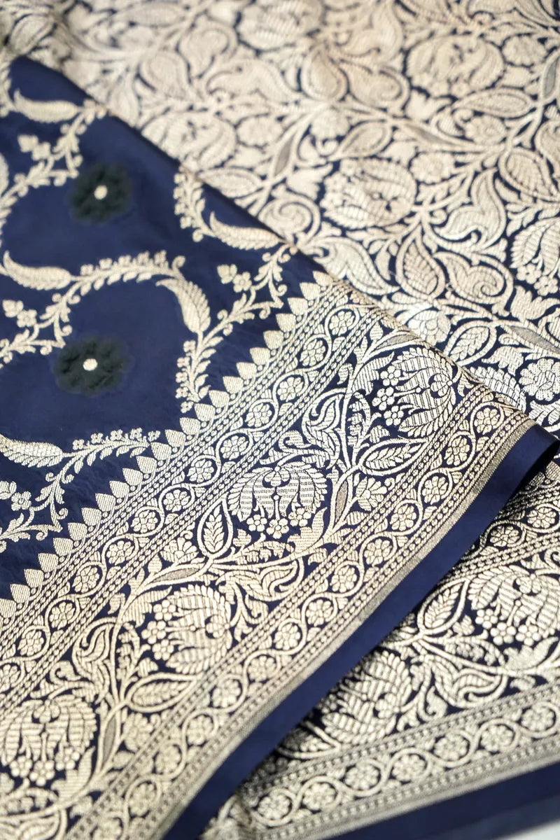 Navy Blue Silk Banarasi Saree with Golden Zari Floral Jaal (RLSS-111)
