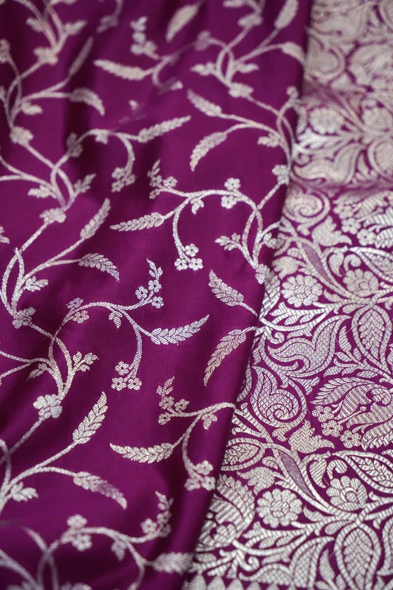 Vibrant Magenta Banarasi Silk Saree with All-Over Silver Jaal (RLSS-107)