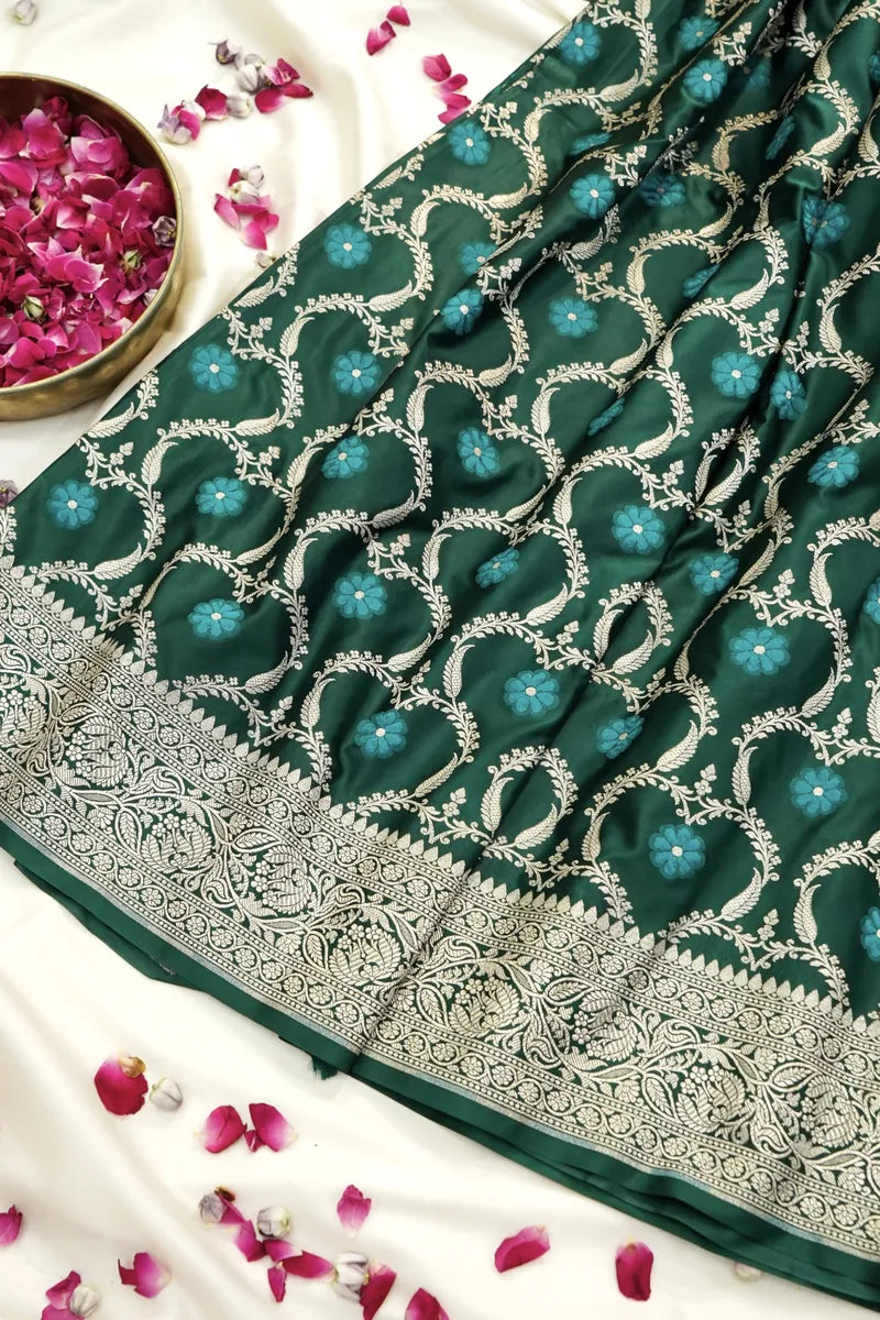 Rama Green Banarasi Silk Saree with Contrast Meenakari Butis (RLSS-108)
