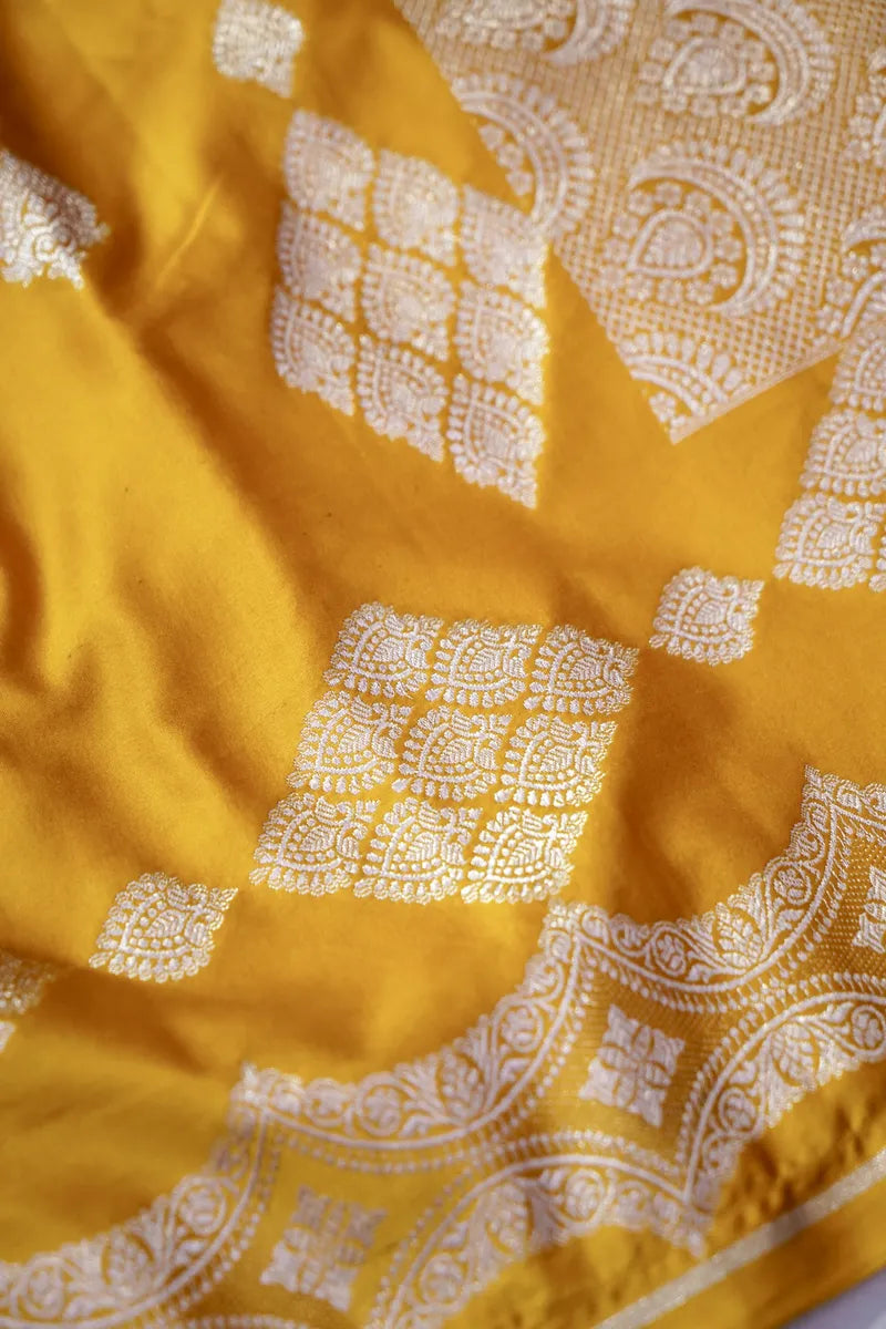 Mustard Yellow Banarasi Silk Saree with Silver Zari Borders and Pallu  (RLSS-122)