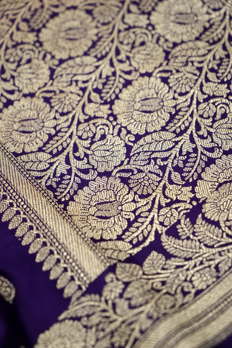 Deep Violet Banarasi Silk Saree with Golden Zari Leaf Butis (RLSS-114)