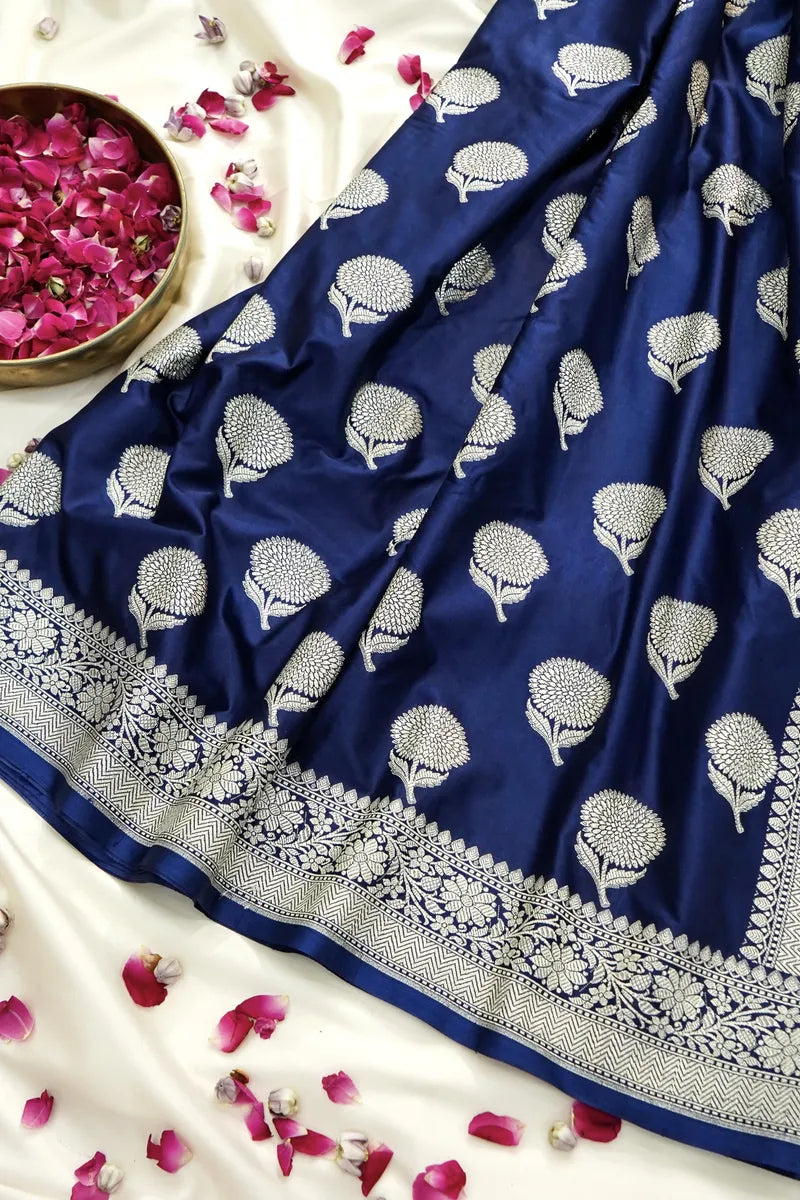 Royal Blue Silk Banarasi Saree with Silver Zari Buta (RLSS-106)