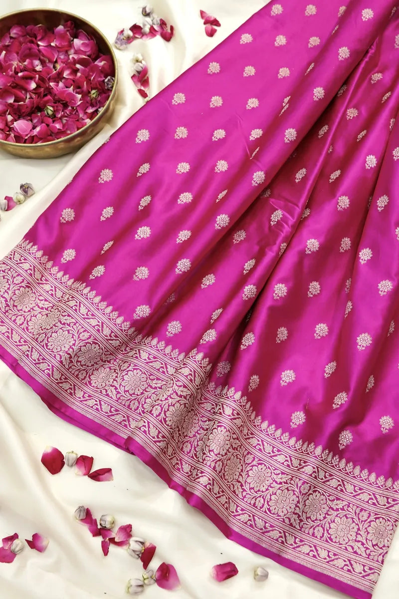 Hot Pink Silk Banarasi Saree with Detailed Floral Border (RLSS-110)