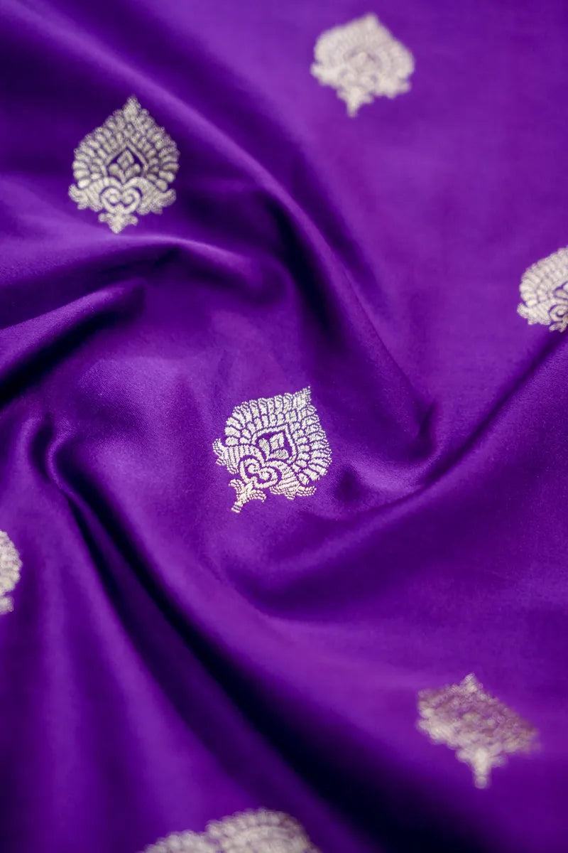 Bright Violet Banarasi Silk Saree with Intricate Silver Zari Pallu (RLSS-115)