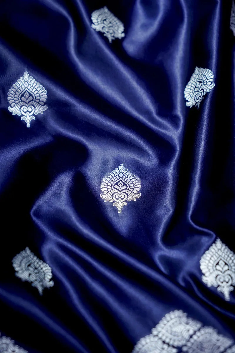 Royal Navy Blue Silk Banarasi Saree with Silver Zari  (RLSS-119)