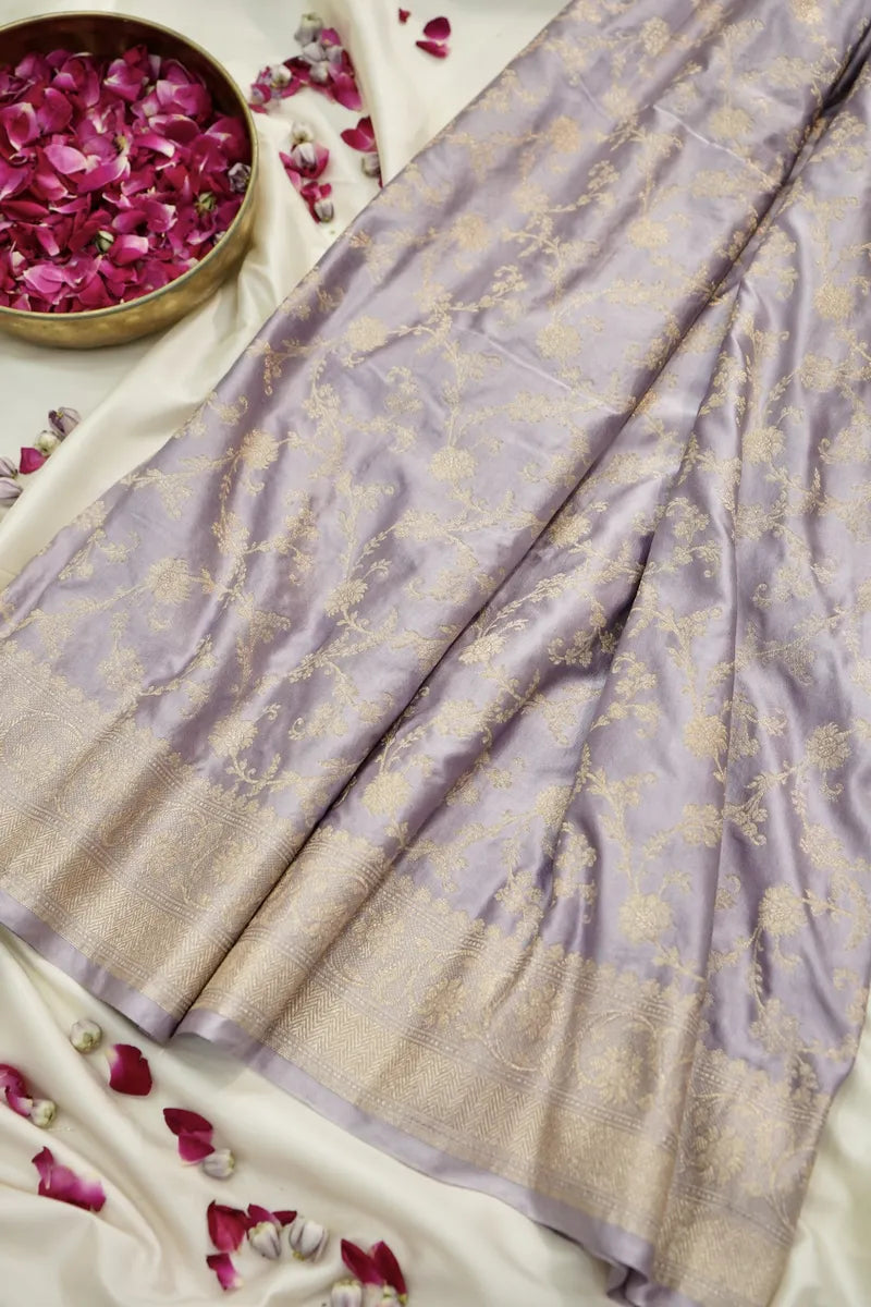 Lavender Banarasi Silk Saree with All-Over Antique Gold Floral Jaal (RLSS-112)