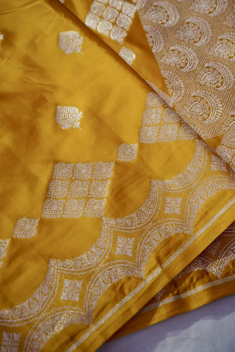 Mustard Yellow Banarasi Silk Saree with Silver Zari Borders and Pallu  (RLSS-122)