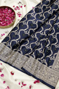 Navy Blue Silk Banarasi Saree with Golden Zari Floral Jaal (RLSS-111)
