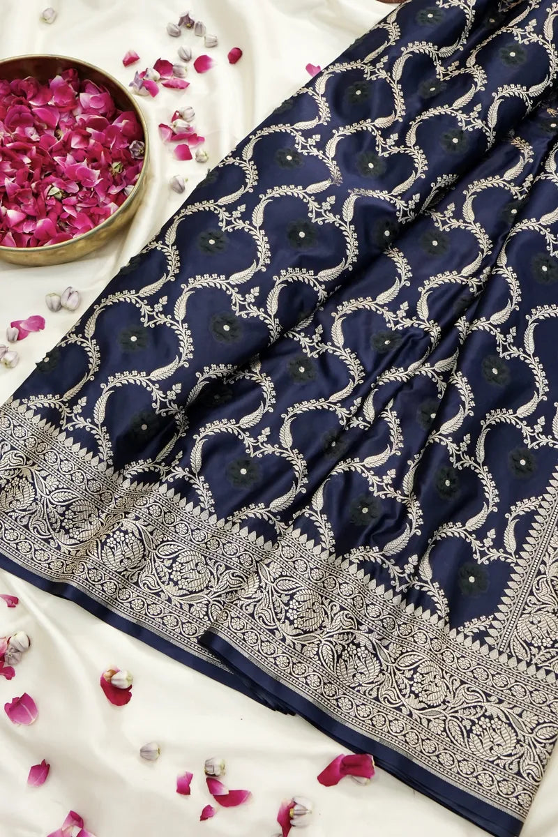 Navy Blue Silk Banarasi Saree with Golden Zari Floral Jaal (RLSS-111)
