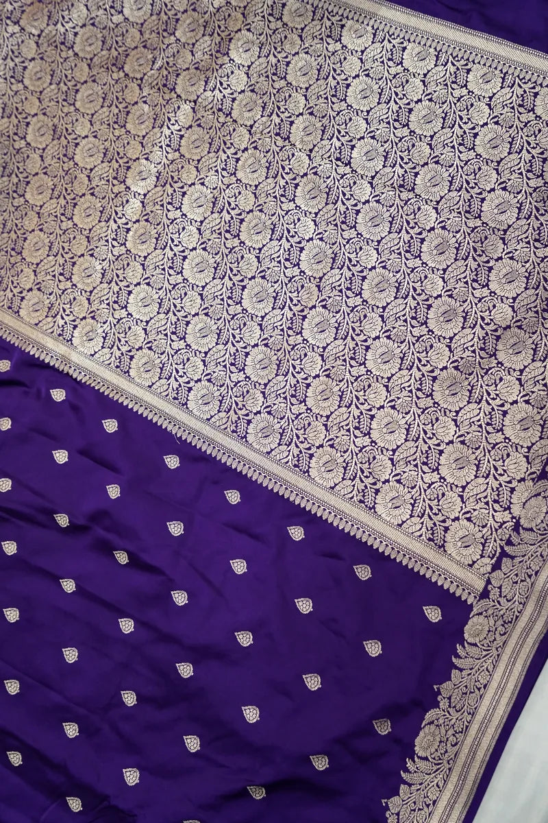 Deep Violet Banarasi Silk Saree with Golden Zari Leaf Butis (RLSS-114)