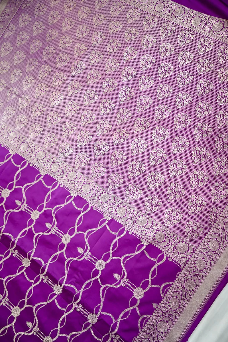 Deep Wine Purple Banarasi Silk Saree Geometric Jaal (RLSS-117)