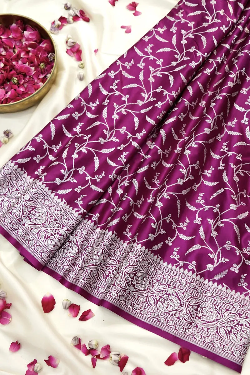 Vibrant Magenta Banarasi Silk Saree with All-Over Silver Jaal (RLSS-107)