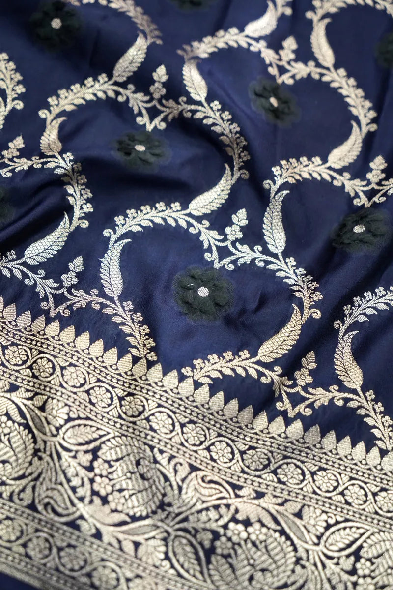 Navy Blue Silk Banarasi Saree with Golden Zari Floral Jaal (RLSS-111)