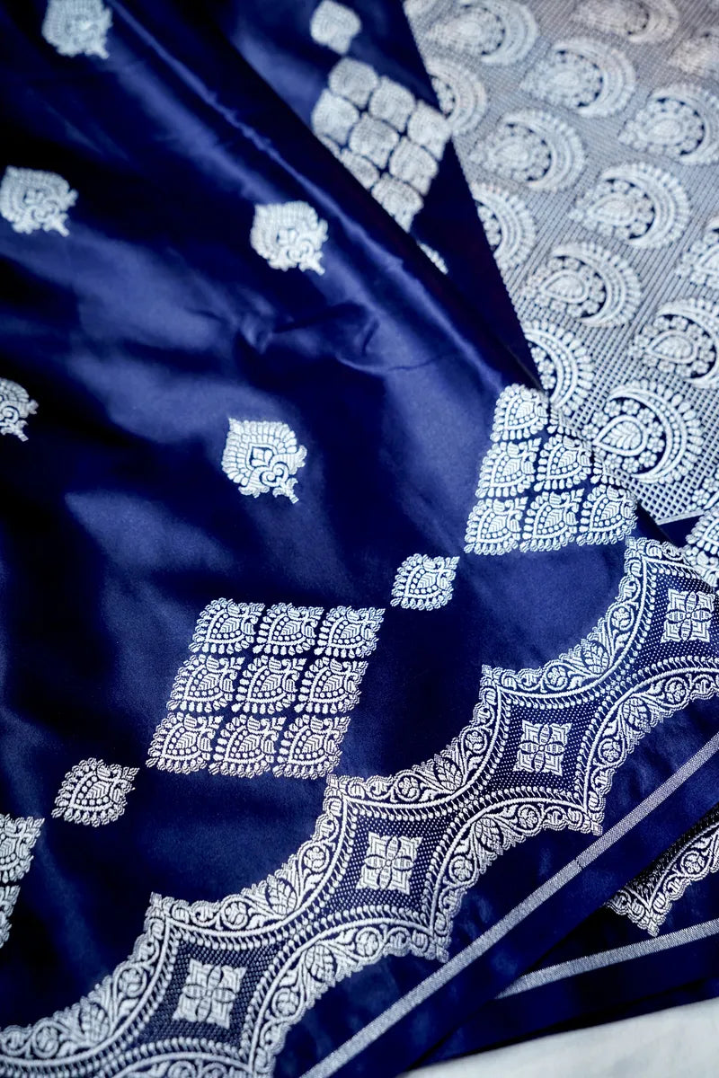 Royal Navy Blue Silk Banarasi Saree with Silver Zari  (RLSS-119)