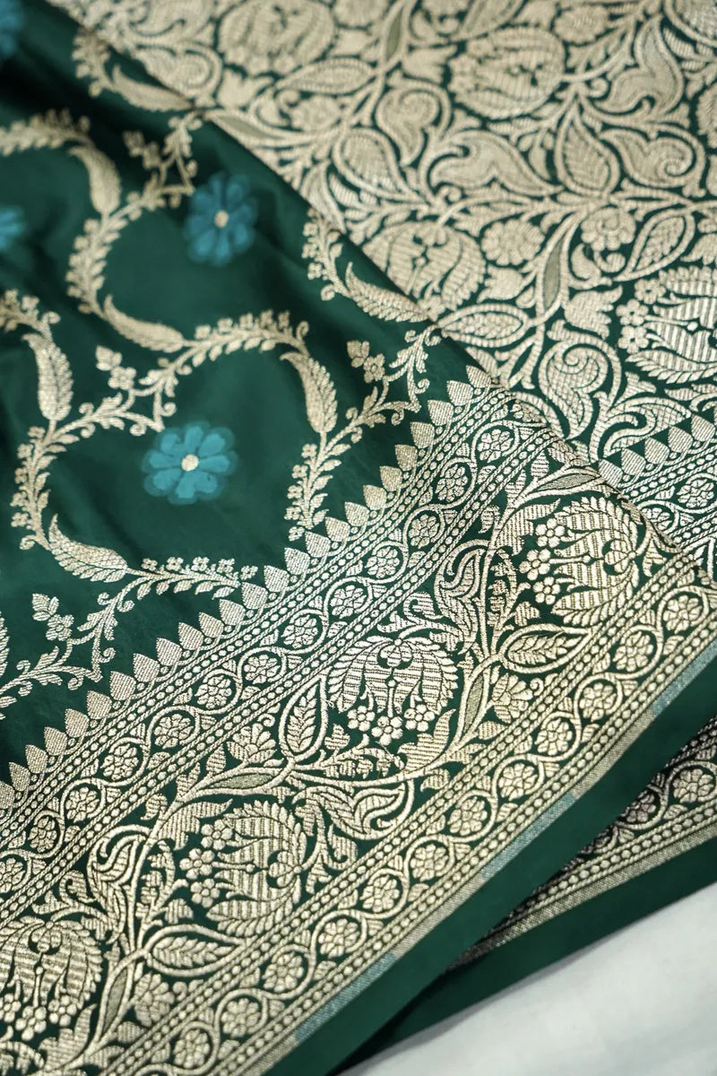 Rama Green Banarasi Silk Saree with Contrast Meenakari Butis (RLSS-108)