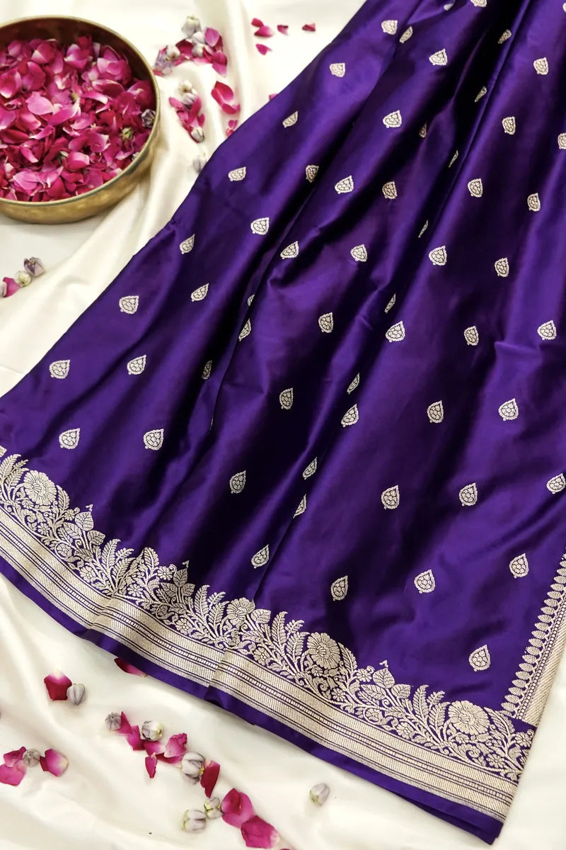 Deep Violet Banarasi Silk Saree with Golden Zari Leaf Butis (RLSS-114)