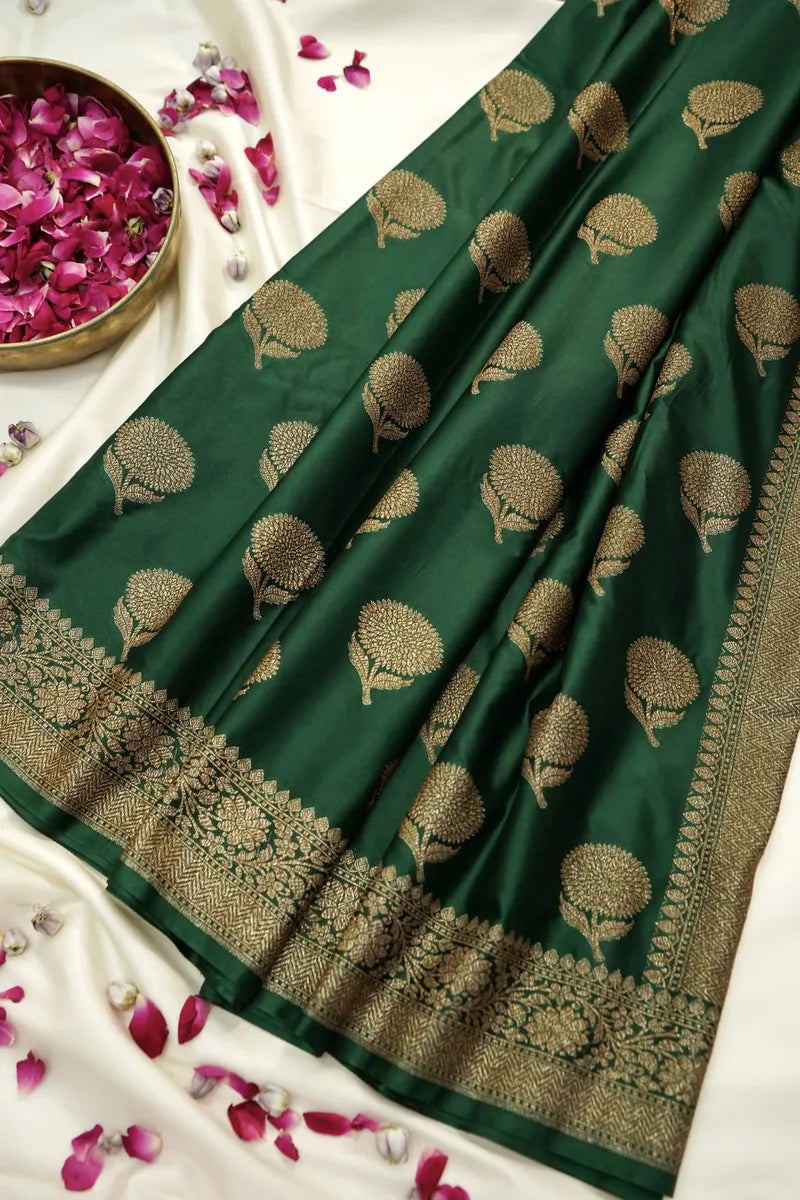 Bottle Green Banarasi Silk Saree with Classic Gold Zari Buta (RLSS-113)