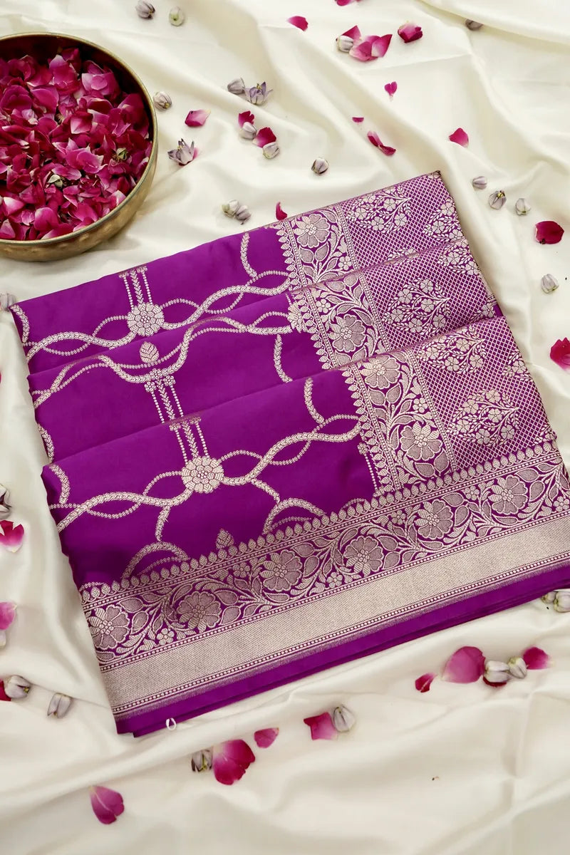 Deep Wine Purple Banarasi Silk Saree Geometric Jaal (RLSS-117)