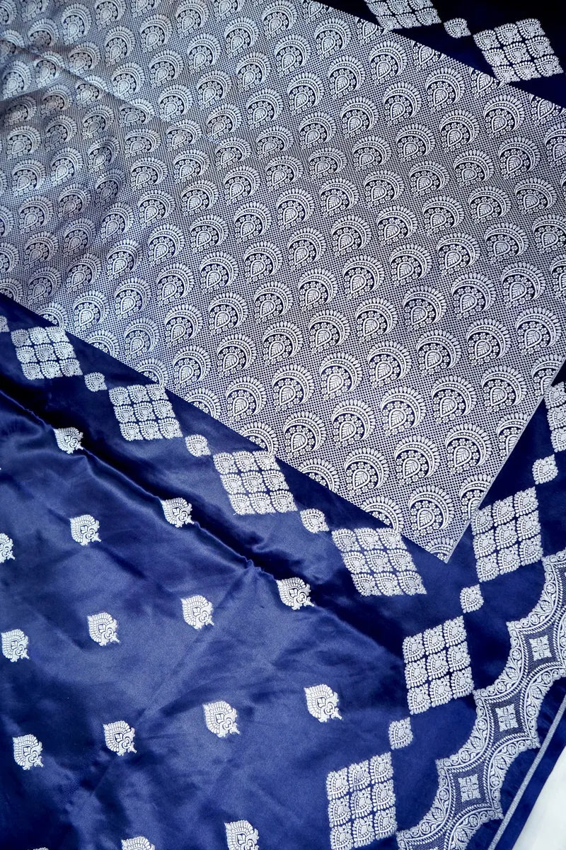 Royal Navy Blue Silk Banarasi Saree with Silver Zari  (RLSS-119)