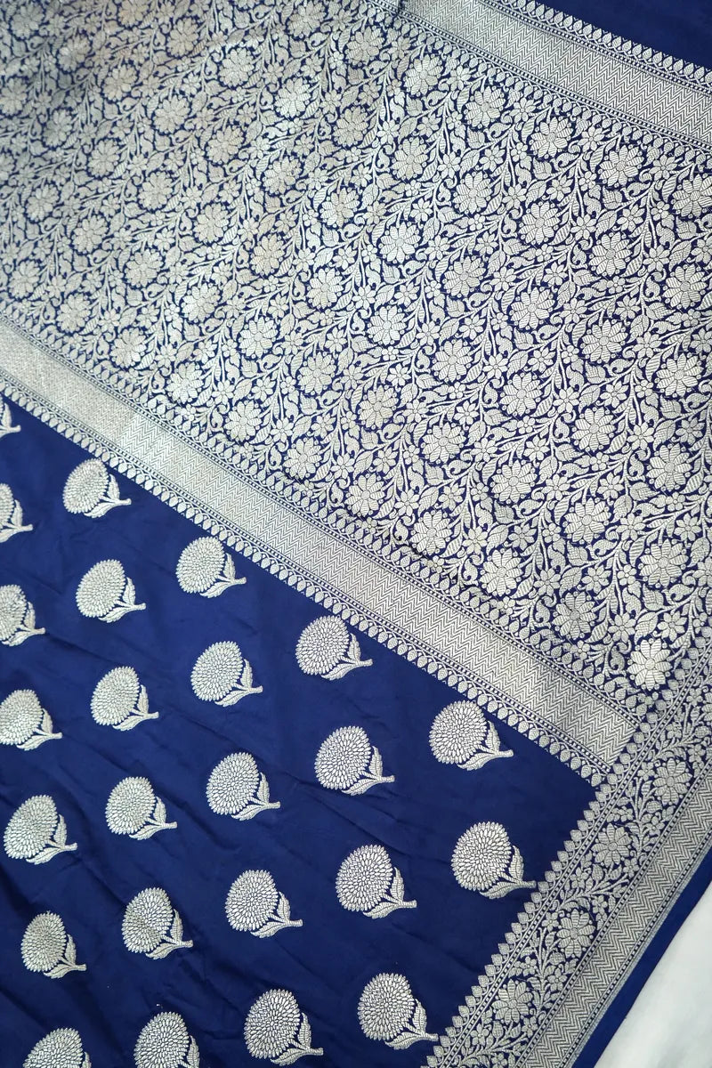 Royal Blue Silk Banarasi Saree with Silver Zari Buta (RLSS-106)