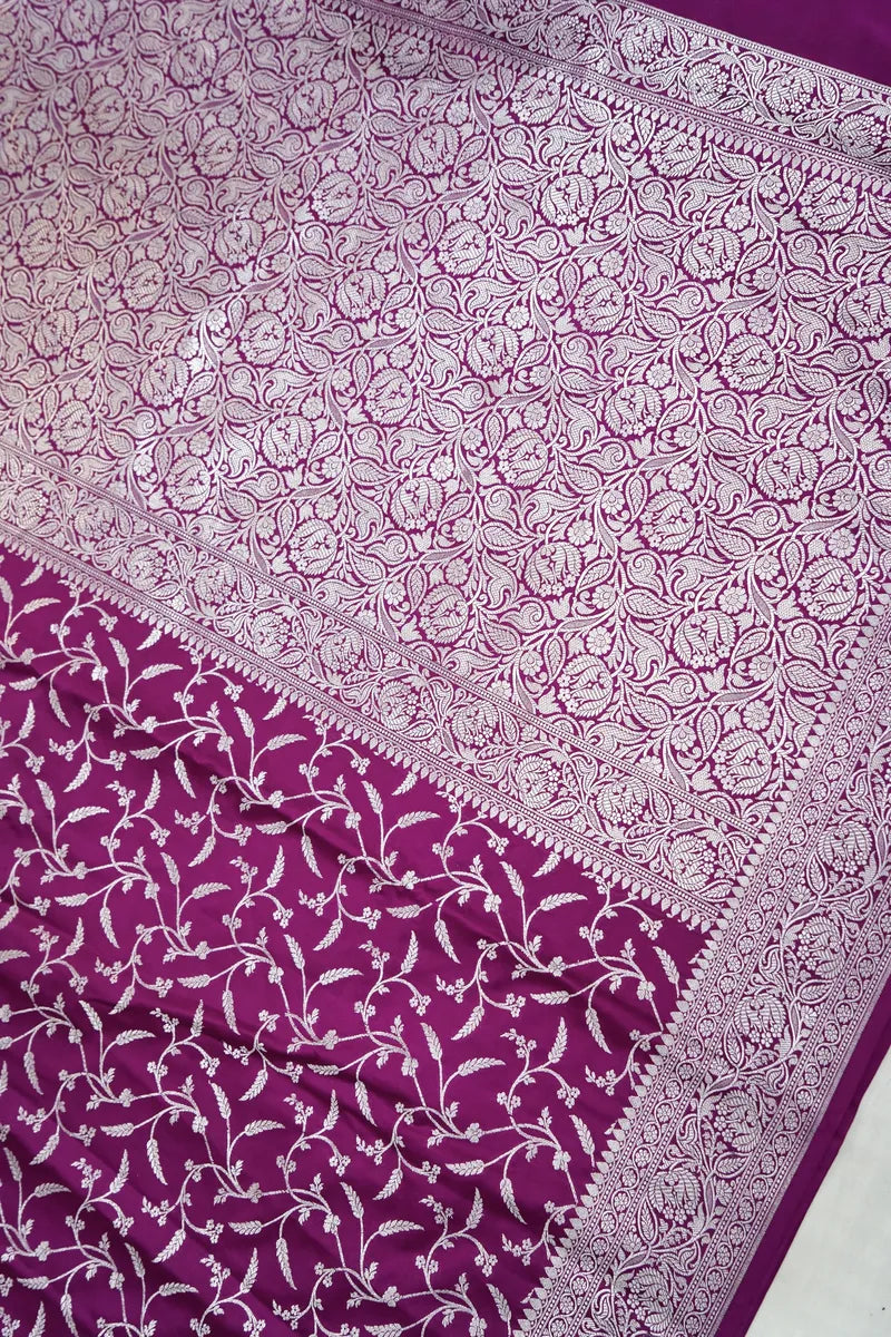 Vibrant Magenta Banarasi Silk Saree with All-Over Silver Jaal (RLSS-107)