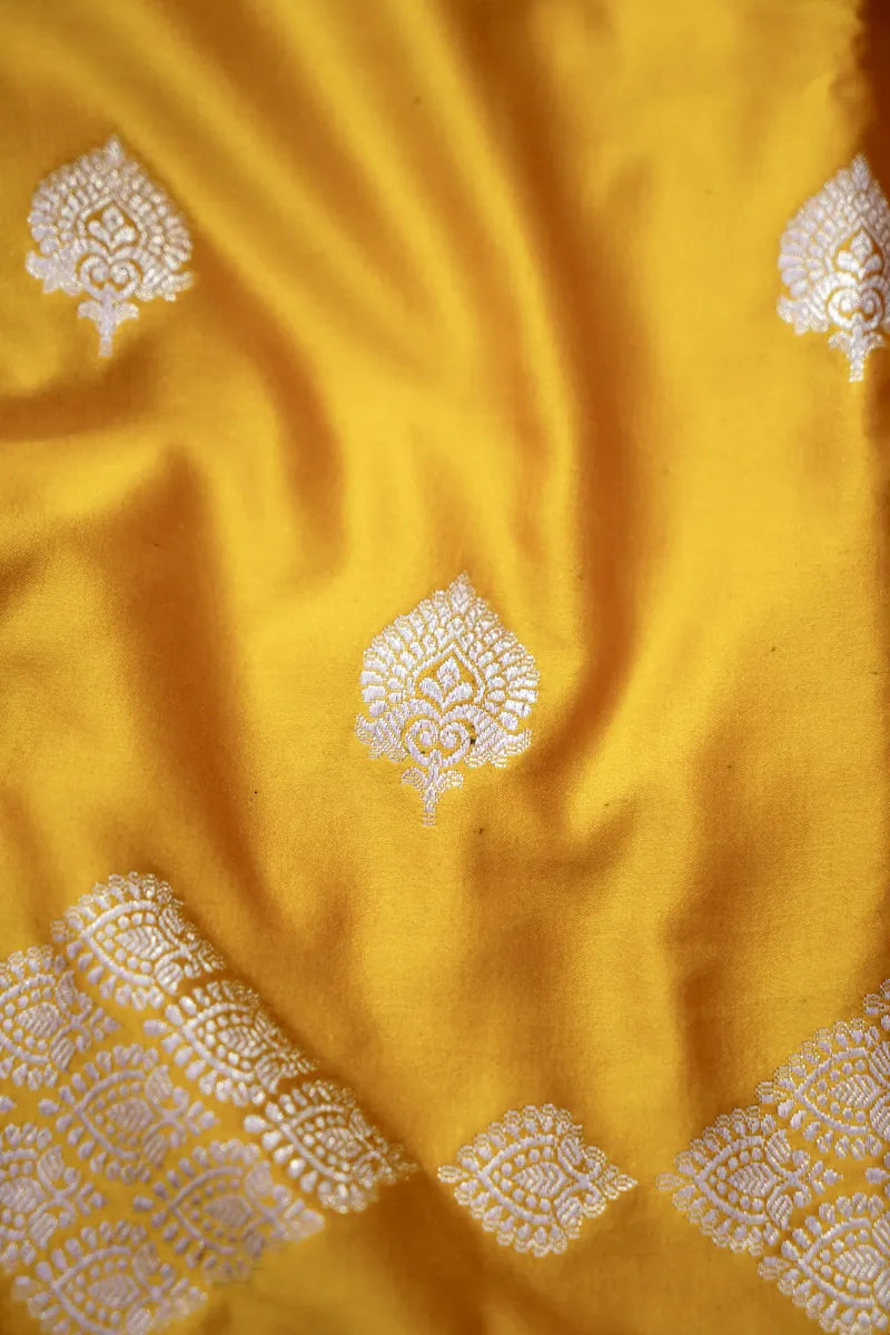 Mustard Yellow Banarasi Silk Saree with Silver Zari Borders and Pallu  (RLSS-122)