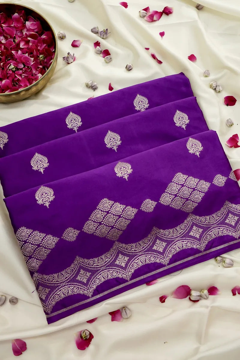 Bright Violet Banarasi Silk Saree with Intricate Silver Zari Pallu (RLSS-115)