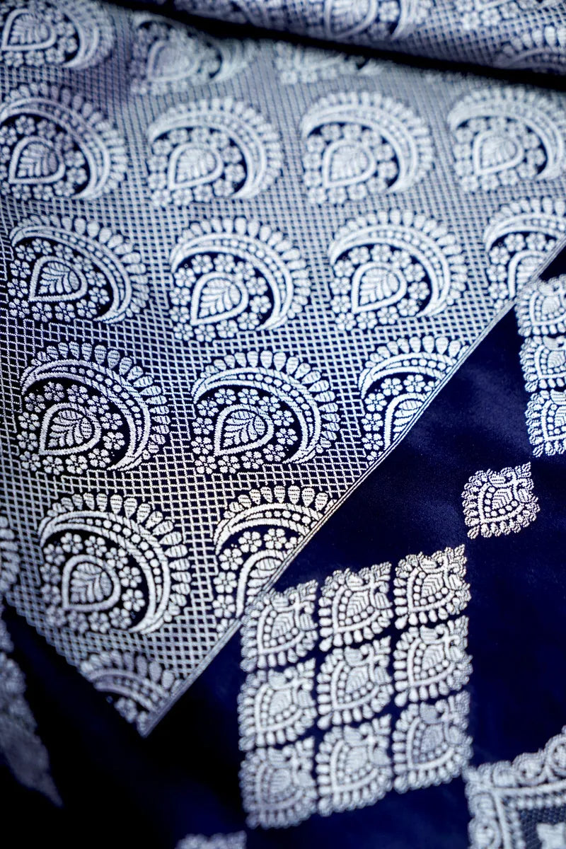 Royal Navy Blue Silk Banarasi Saree with Silver Zari  (RLSS-119)