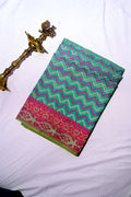 Turquoise Green Handloom Cotton Saree featuring Gold & Pink Chevron Pattern with Contrast Border(RLSS-264)