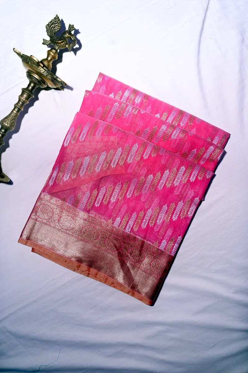 Rani Pink Handwoven Banarasi Cotton Saree with Antique Zari Border(RLSS-265)