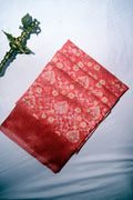 Coral Red Banarasi Cotton Saree with All-Over Floral Jaal & Zari Border(RLSS-266)