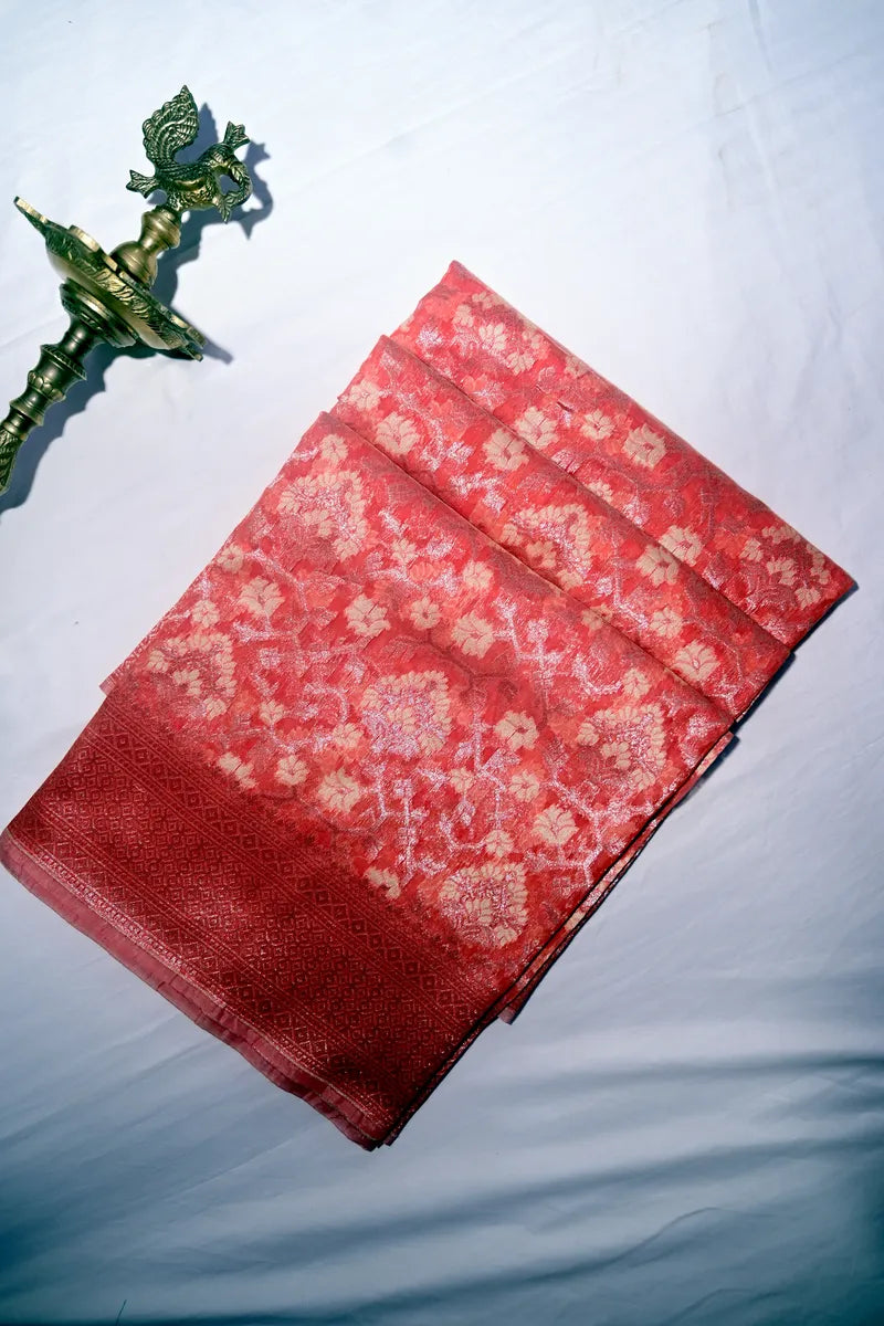 Coral Red Banarasi Cotton Saree with All-Over Floral Jaal & Zari Border(RLSS-266)