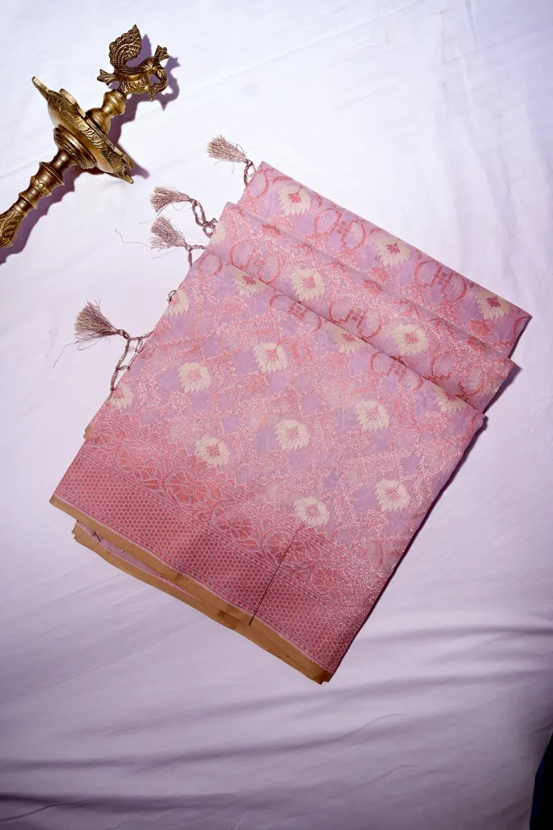Baby Pink & Lavender Sheer Cotton Saree with Traditional Zari Border (RLSS-267)