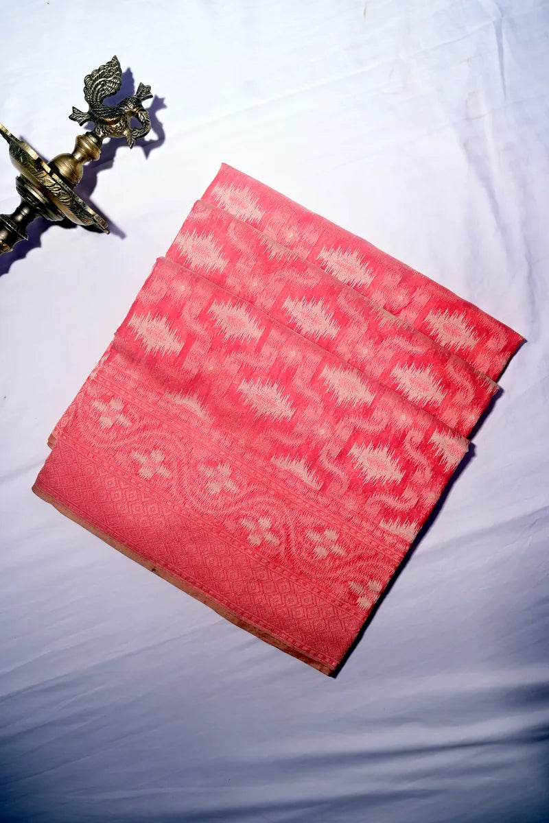 Strawberry Pink Handloom Cotton Saree featuring Geometric Diamond Weave & Floral Border(RLSS-263)