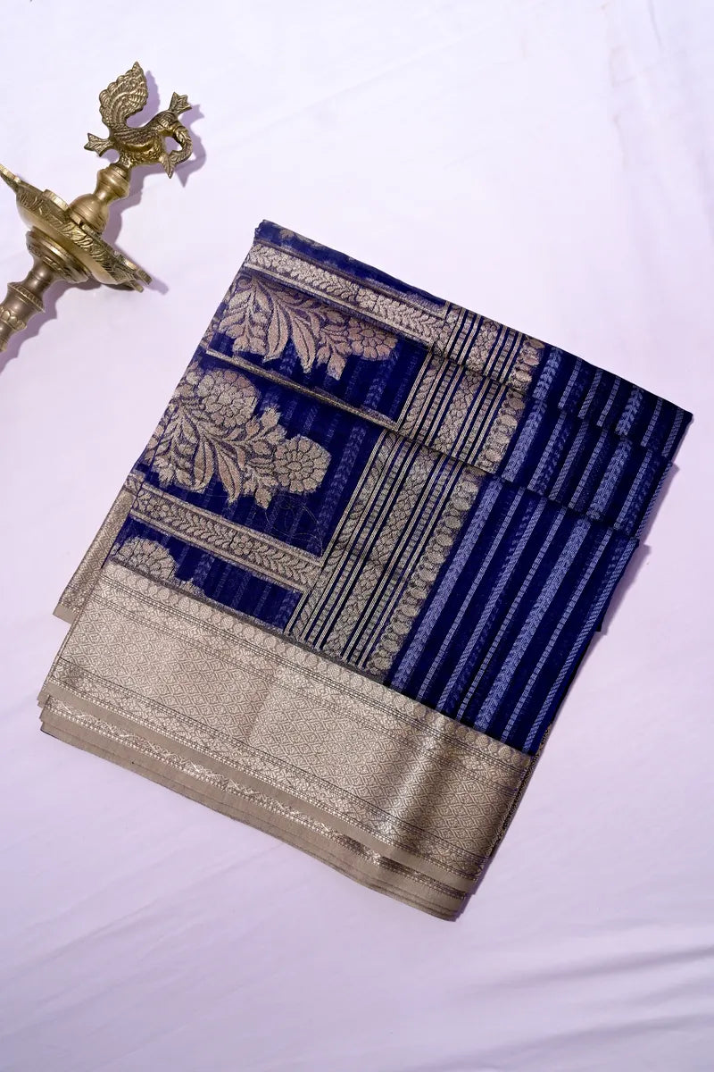 Deep Indigo Handloom Cotton Saree featuring Intricate Floral Brocade & Zari Border(RLSS-254)