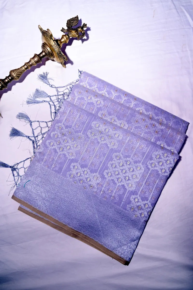 Light Violet Handloom Cotton Saree featuring Vertical Stripe Weave & Rich Zari Border(RLSS-261)