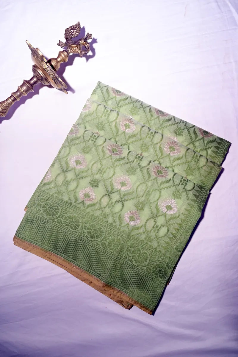 Mint Green Pure Cotton Saree with Blush Pink Floral Jaal & Detailed Zari Border(RLSS-260)
