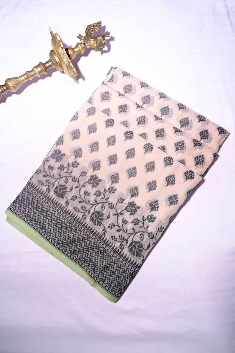 Pristine Ivory Pure Cotton Saree with Charcoal Grey Floral Leaf Motifs & Temple Border(RLSS-259)