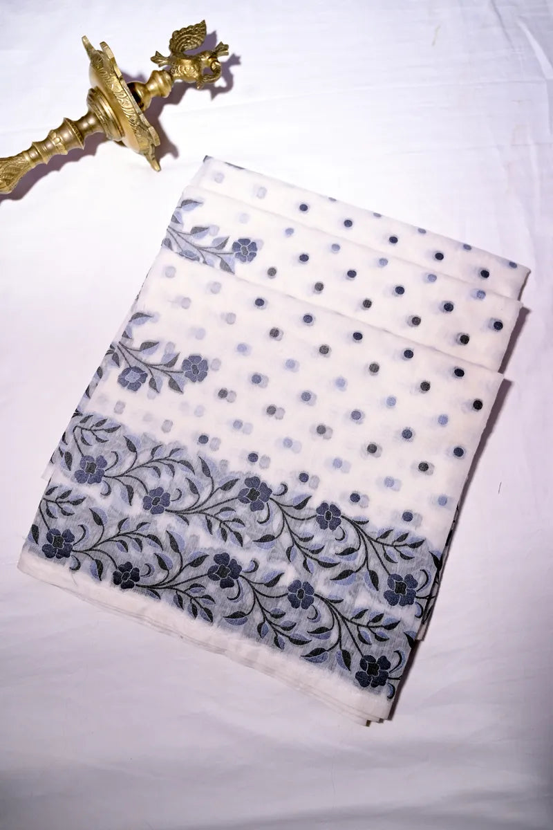 Off-White Handloom Cotton Saree featuring Polka Dot Butis & Charcoal Floral Border(RLSS-258)