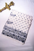 Off-White Handloom Cotton Saree featuring Polka Dot Butis & Charcoal Floral Border(RLSS-258)