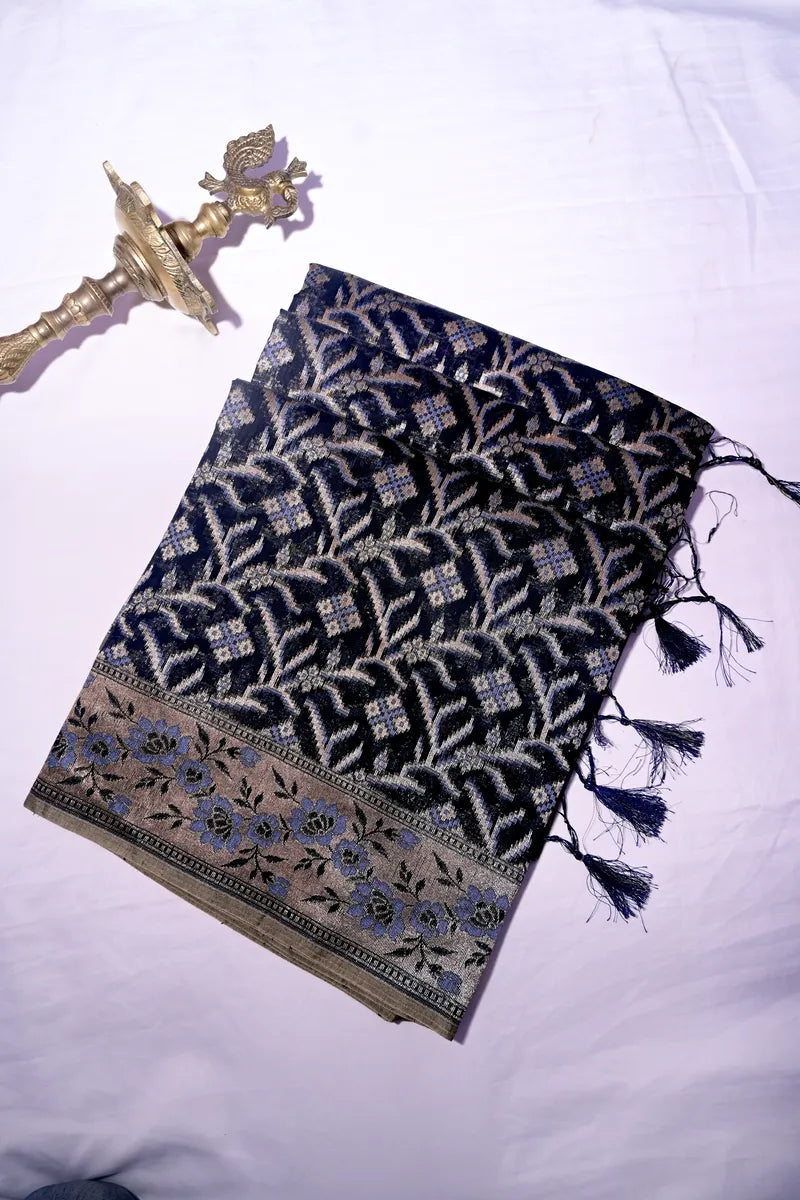 Midnight Navy Pure Cotton Saree with All-Over Geometric Leaf Jaal & Floral Border(RLSS-256)