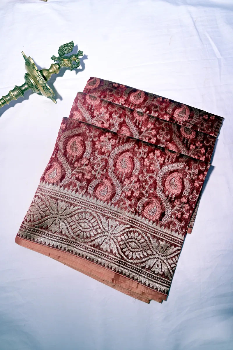 Wine Red Handloom Cotton Saree featuring Intricate Floral Paisleys & Silver Border(RLSS-253)